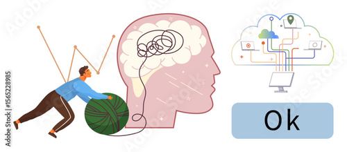 Person untangling yarn ball linked to brain with tangled lines, signaling mental clarity and problem-solving. Technology and automation concepts illustrated with cloud network and computer. Ideal