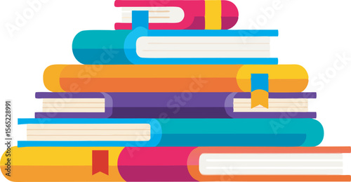 Colorful stacks and piles of books with varying arrangements and designs