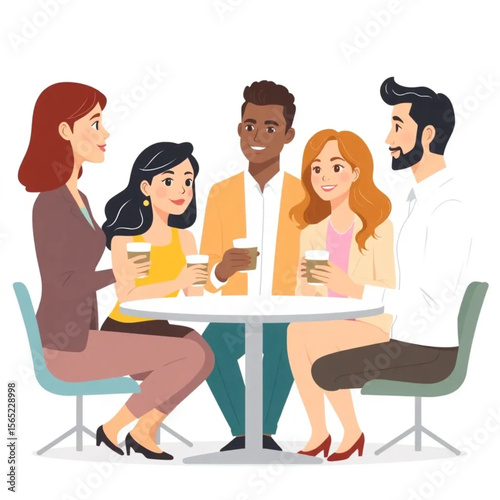 A group of five staff are enjoying a coffee break together. The atmosphere is professional yet relaxed.
