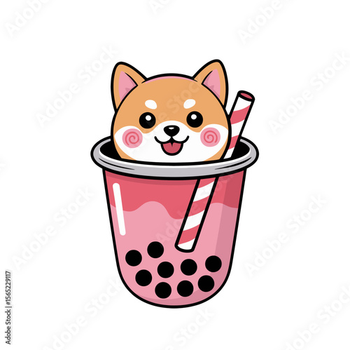 A cute cartoon Shiba Inu pokes its head out of a pink bubble tea cup, complete with black tapioca pearls and a striped straw