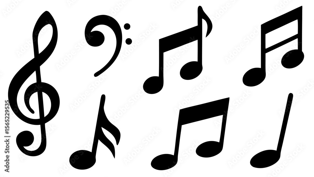 Fototapeta premium Music notes icon set in vector style. Collection of black music note symbols including eighth notes, quarter notes, and rests, isolated on white background. Ideal for music and audio design.