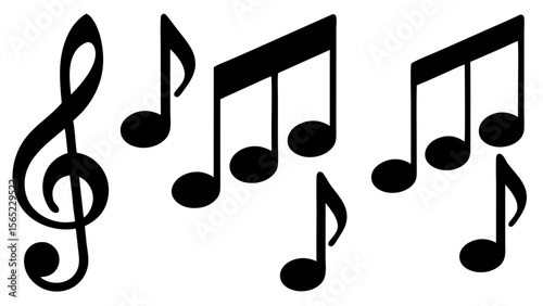 Music notes icon set in vector style. Collection of black music note symbols including eighth notes, quarter notes, and rests, isolated on white background. Ideal for music and audio design.