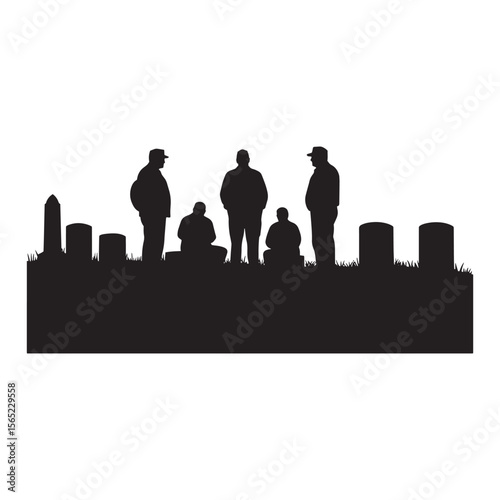 Silhouette of people mourning and paying respects at a cemetery with headstones and tombstones