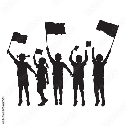 Silhouette of children celebrating with flags raised in joy and unity together