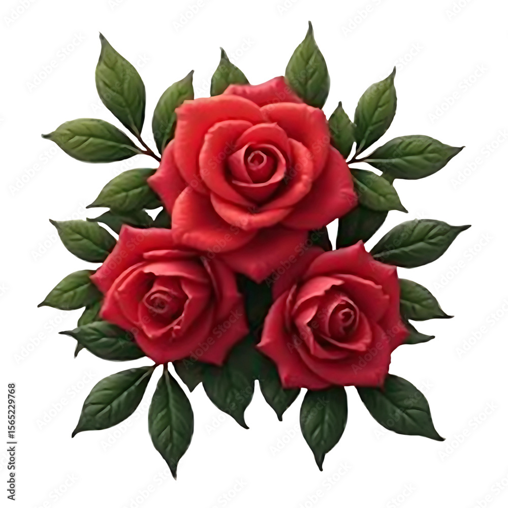 Naklejka premium Crimson Trio: A captivating depiction of three vibrant red roses, their velvety petals in full bloom, arranged artfully amidst verdant green leaves. A classic symbol of romance, passion, and beauty.