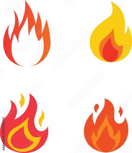 Colorful set of four different fire icons in flat and modern style