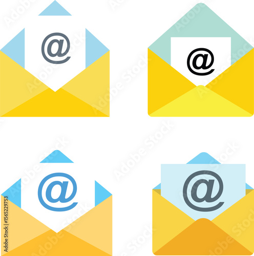 Colorful vector illustrations of email envelopes containing at sign symbols