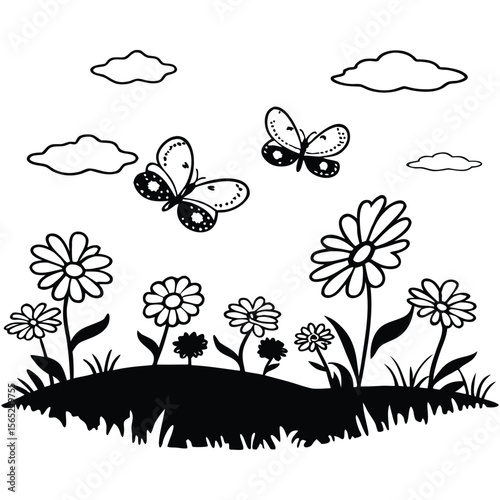 A serene vector illustration depicts a romantic butterfly scene showcasing a vibrant field filled with colorful flowers under a bright sky perfect for nature themed