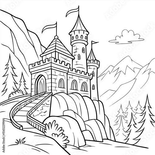 Detailed line art illustration of a majestic medieval castle rendered in a fantasy style perfect for fantasy games book illustrations and historical recreations showcasing intricate