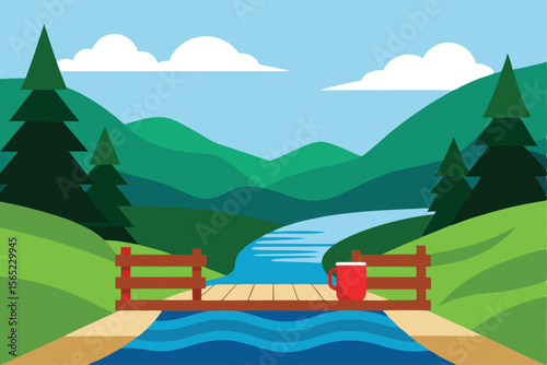 Serene Mountain River Landscape Peaceful Bridge and Scenic View Illustration