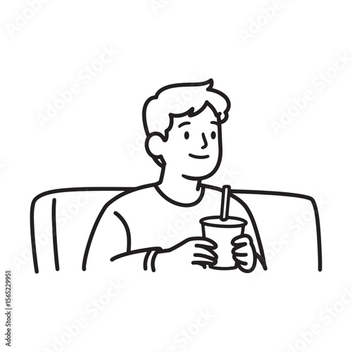 Simple black and white illustration of a man sipping from a drink cup while relaxing