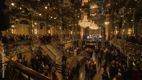 Elegant gala event in a lavish ballroom with guests mingling, chandeliers, and festive decor