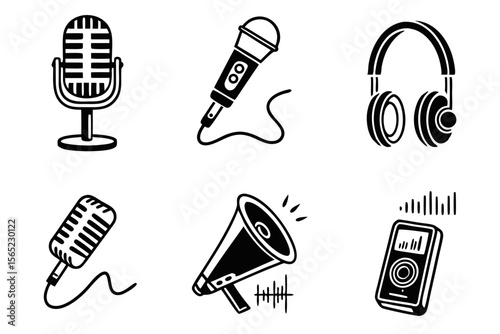 podcast icon set sihouette black vector bundle
