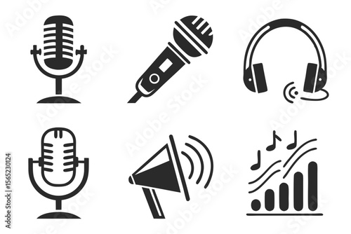 podcast icon set sihouette black vector bundle