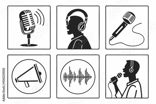 podcast icon set sihouette black vector bundle