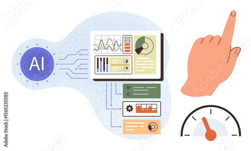 Interactive AI dashboard showing charts, graphs, and controls, connected to a hand gesture and gauge meter. Ideal for technology, analytics, automation, AI systems, data monitoring user interaction