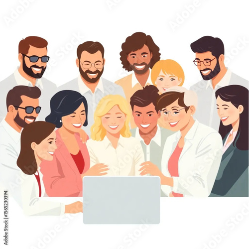 A large team of twelve leaders are collaborating on a laptop. Everyone is smiling or nodding, showing active participation.