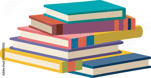 Colorful stacks and piles of books with varying arrangements and designs