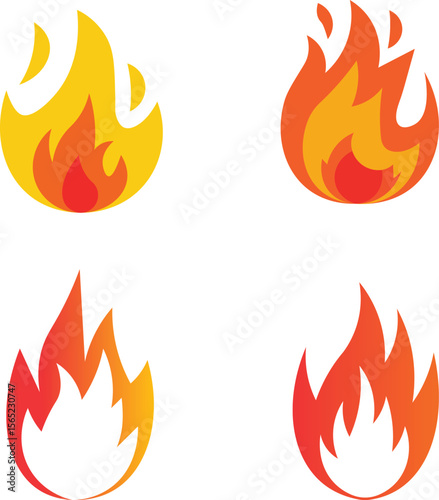 Set of four stylized flame illustrations with orange and yellow fire on white background