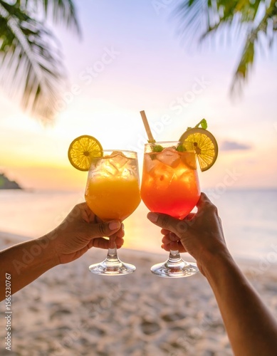 Two colorful cocktails raised in a toast against a dreamy sunset sky, capturing the essence of a perfect summer evening filled with warmth and celebration.
