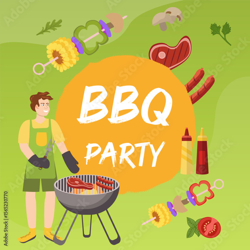BBQ party banner, man grilling sausages and meat. Skewers, sauces, and vegetables. For summer cookout, food festival promotions.