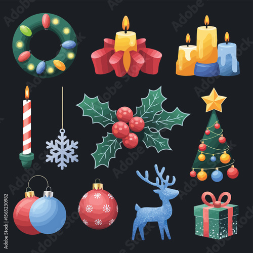 vector Happy New Year Celebrating 2025 in Latin letters , Christmas Decoration Items Santa Claus