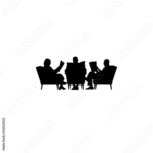 Silhouette of executives reading newspapers in a private lounge on white background