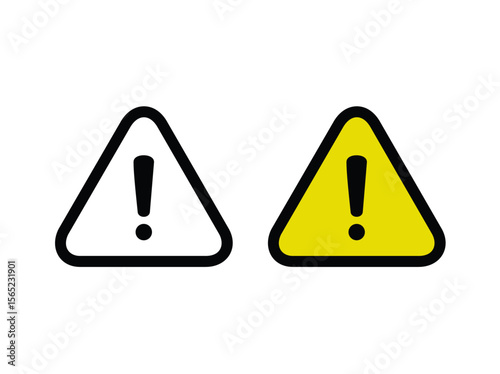 Two warning symbols and alert icons, one white outline, one yellow filled, representing danger, caution, and attention