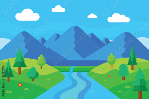 Serene Mountain Valley Landscape River, Trees, and Blue Mountains Illustration
