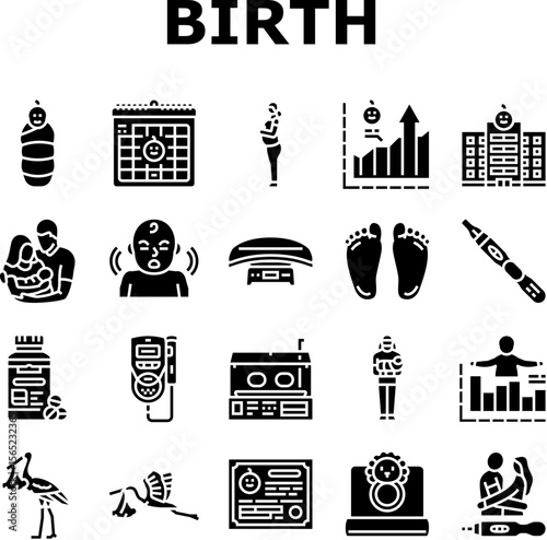 birth pregnancy newborn infant icons set vector