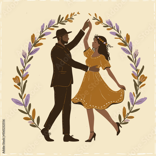 Couple dancing joyfully in vintage style surrounded by floral frame  