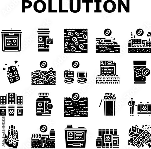 pharmaceutical pollution icons set vector