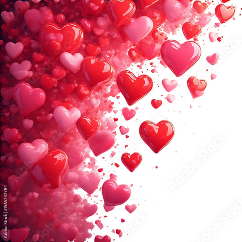 Love Heart Cascade: A vibrant cascade of glossy red and pink hearts creates a romantic and celebratory backdrop.