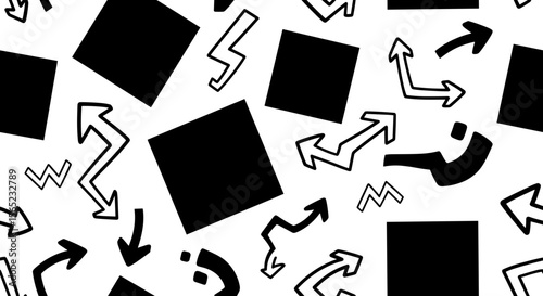 Abstract Geometric Pattern with Black Shapes and White Background Featuring Arrows and Curves