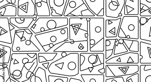 Abstract Geometric Pattern with Various Shapes Including Triangles and Circles in Black and White