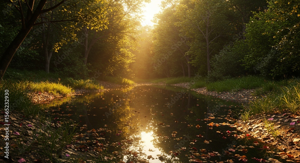 Obraz premium Golden Hour Serenity Peaceful Forest Stream Reflections