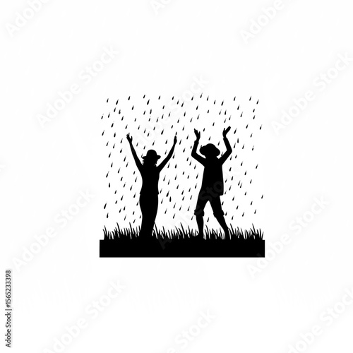 Silhouette of farmers celebrating the first rain of the season on white background