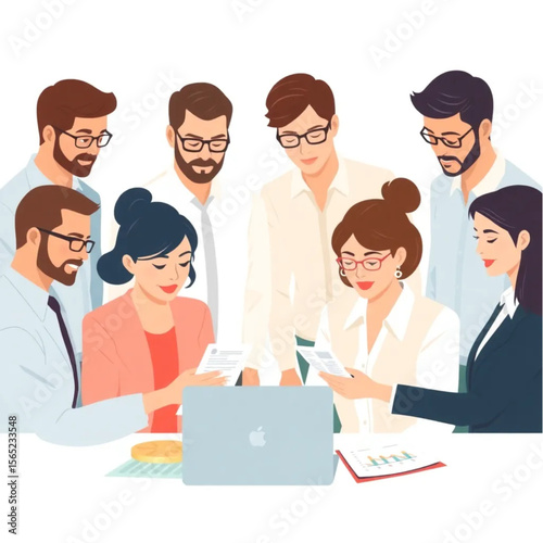 A group of eight managers are looking at financial data. They appear focused and collaborative, with laptops and notes in front of them.