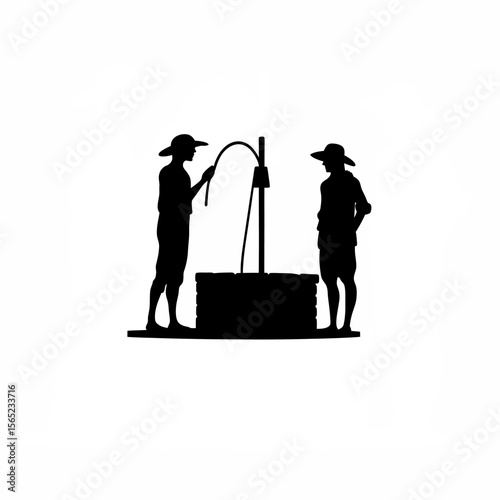 Silhouette of farmers chatting near a water well on white background
