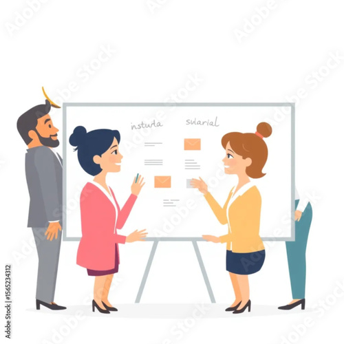 A group of four business professionals are brainstorming ideas around a whiteboard. Everyone is smiling or nodding, showing active participation.