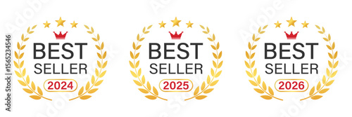 Best seller icons. Golden badge for best selling award 2024, 2025 and 2026 with laurel wreath, crown and stars. Transparent PNG and vector illustration.