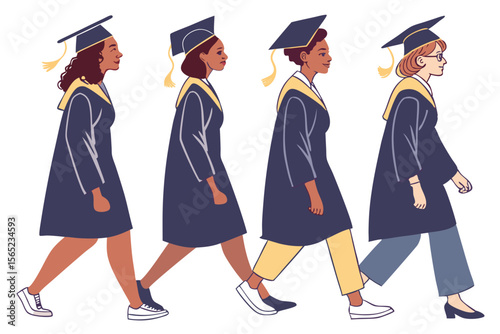Diverse female graduates walking in caps and gowns on graduation day