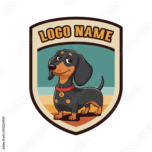 Cute Dachshund Dog Mascot Badge Logo Design with Playful Expression and Vintage Shield Shape for Pet Branding or Apparel