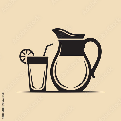 A simple black and white vector illustration of a lemonade pitcher and glass with lemon slice and straw