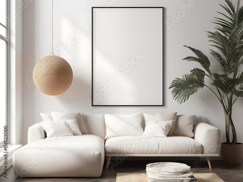 Frame mockup, ISO A paper size. Living room wall poster mockup. Interior mockup with house background. Modern interior design. 3D render
