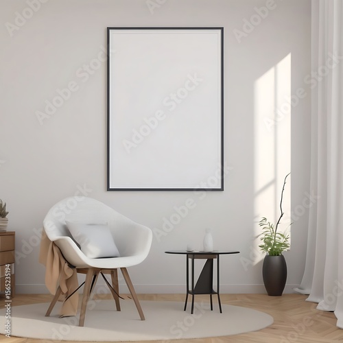 Frame mockup, ISO A paper size. Living room wall poster mockup. Interior mockup with house background. Modern interior design. 3D render
