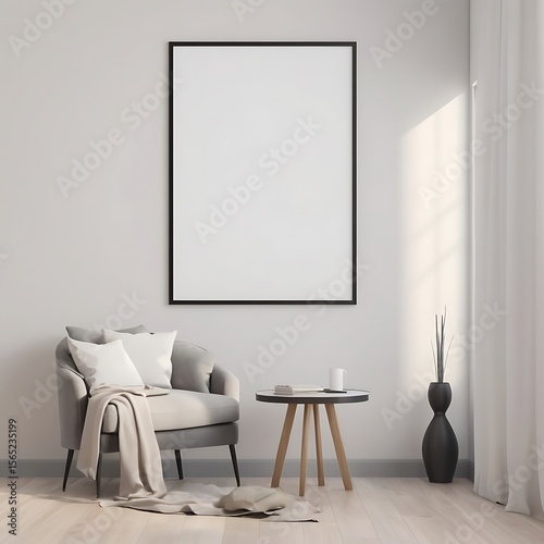 Frame mockup, ISO A paper size. Living room wall poster mockup. Interior mockup with house background. Modern interior design. 3D render
