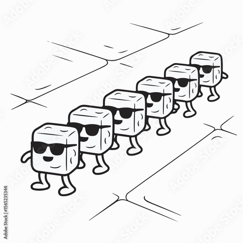 Funny cartoon cubes with sunglasses walking in a line representing concept of coolness and trendy style