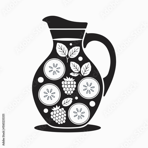 Monochromatic illustration of a pitcher filled with refreshing summer beverage featuring raspberries cucumbers and mint