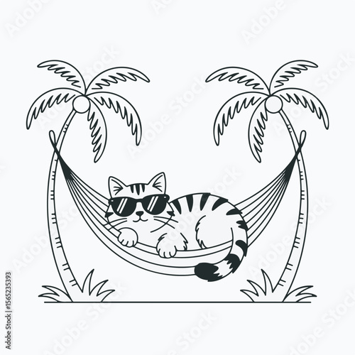 Relaxed tabby cat wearing sunglasses chilling in a hammock between palm trees on a sunny vacation.